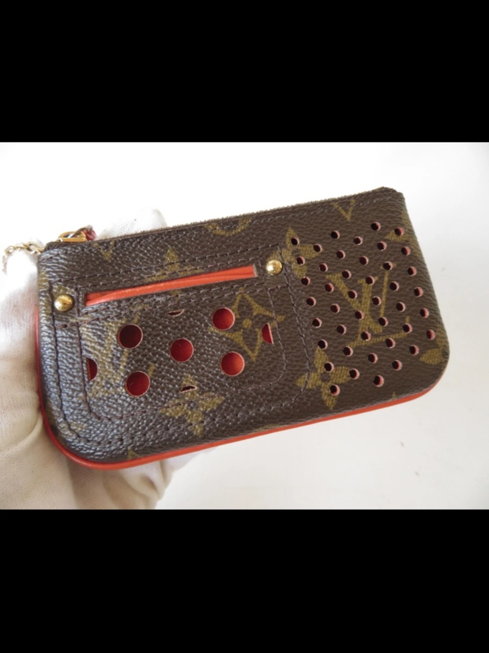 Louis Vuitton Monogram Perforated Key Pouch - Brown with Red Trim - Picture 2 of 15